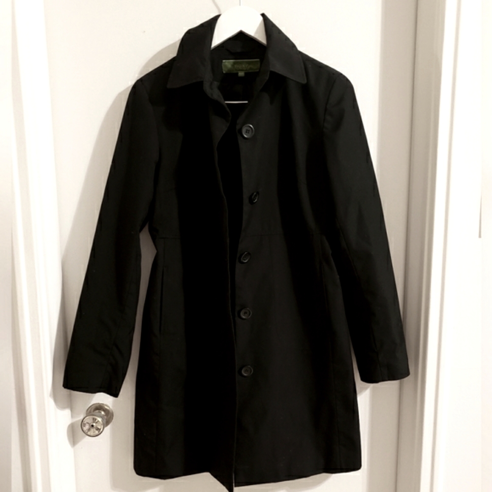 Roxy Trench Coat Black Midi Length Lined Button Up Collar Classic Woman Medium